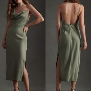 BHLDN August Midi Dress Moss Green Sage Satin Slip Dress Asymmetrical 8